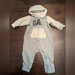 GAP Cream and Gray Hooded Baby Onesie
